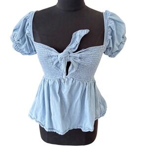 VENUS Smocked Denim Tie-Front Top‎ Puff Sleeve Peplum Blue Size M  preloved